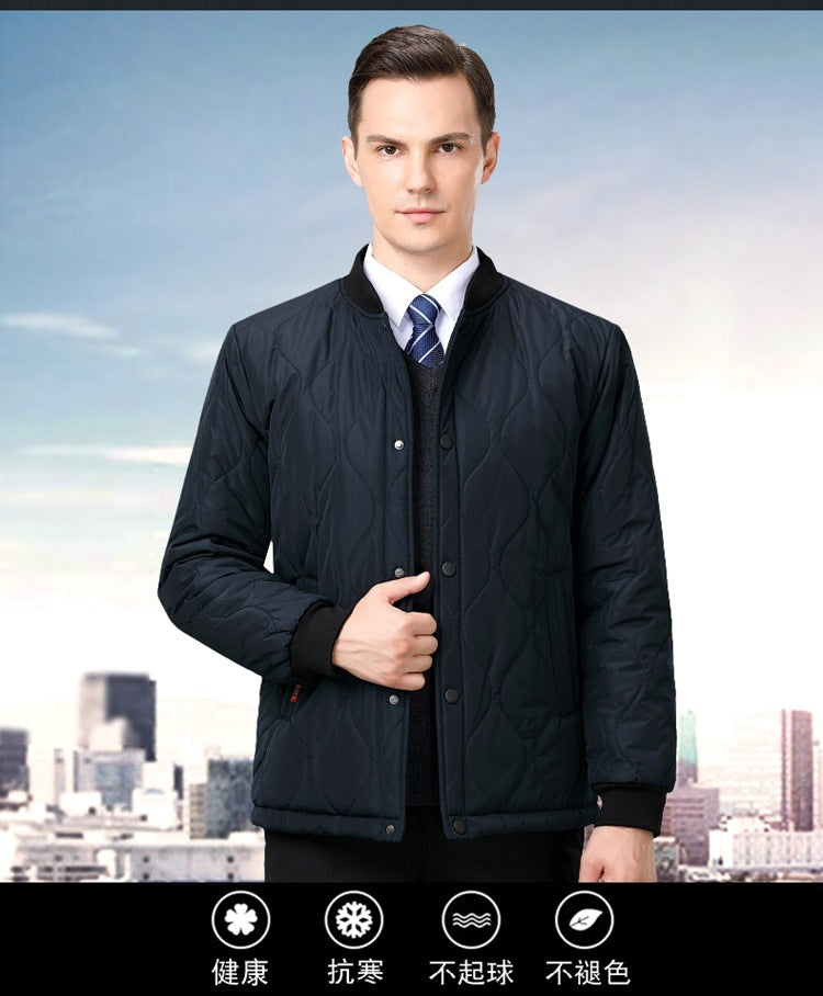 2024 Winter New Style Fleece-Lined Warm Cotton Jacket for Middle-Aged Men, Stand-Up Collar Short Style Cold-Proof Cotton Coat, Padded Large Size Dad's Jacket