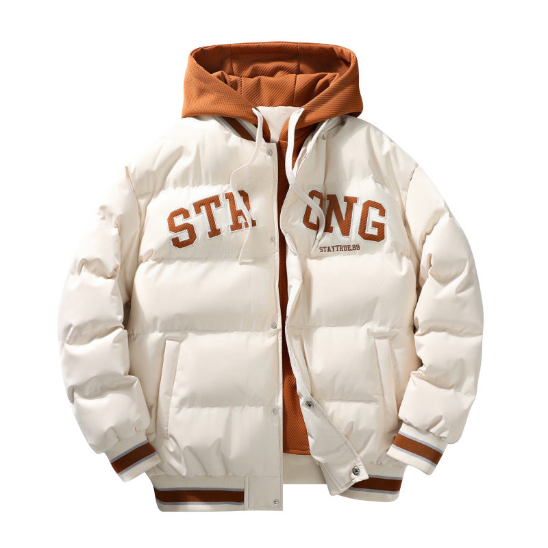 Fake Two-piece Bread Suit Men's Autumn and Winter Hooded Trendy Brand Plus Fashion Letter Printed Jacket Cotton-padded Jacket Source