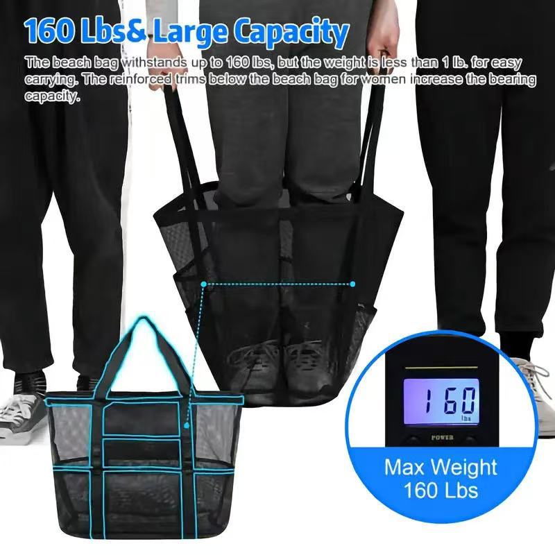 Beach Bag Shoulder Bag Mesh Beach Bag 8-Pocket Bathroom Bag Toy Storage Bag Large Capacity Mesh Cut Out Bag