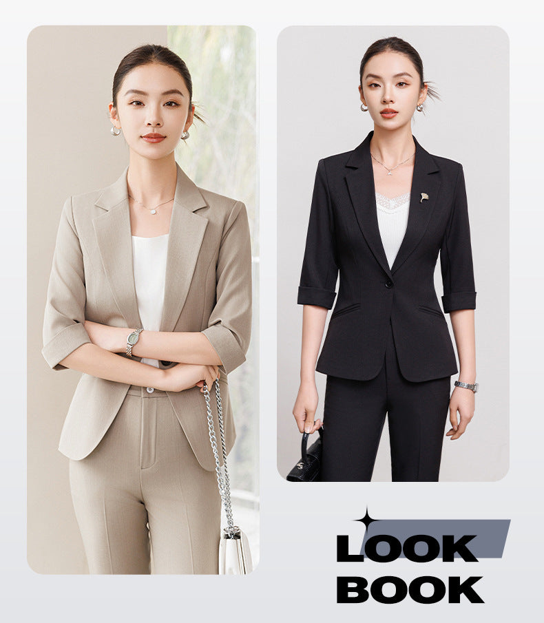 Cross-Border Three-Quarter Sleeve Blazer for Women, New Formal Wear for Interviews, Hotel Workwear, Professional Attire, Business Suit Set