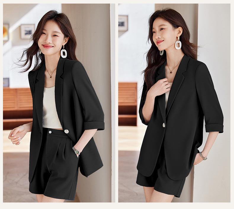 Blue Mid-Sleeve Chiffon Suit Jacket for Women 2025 New Summer Thin Style Fashionable High-End Shorts Suit