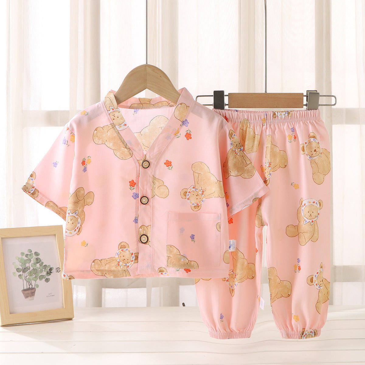 Children's Home Clothes Cotton Silk Suit Summer Boys and Girls Pajamas Artificial Cotton Two-Piece Set Cotton Silk Air-Conditioned Clothes Kidsren's Clothing