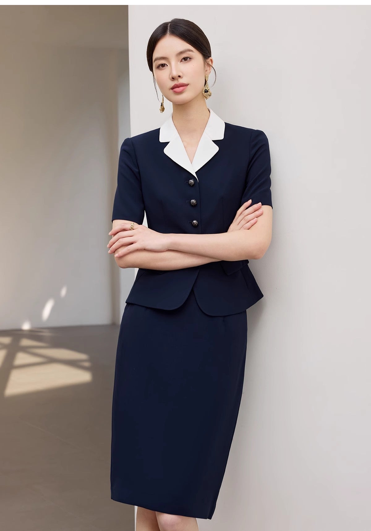 Summer New Navy Blue Short-Sleeved Professional Suit Suit Color-Blocked Suit Collar Single-Breasted Slim Slim Work Clothes