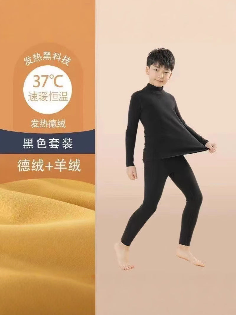 Mid-high collar children's velvet thermal suit for boys ground plush cold-proof one-piece velvet large children's thick thermal underwear