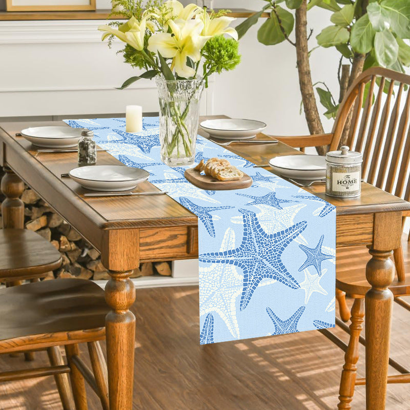 Cross-border New Blue Bottom Starfish Table Runner Linen Printed Kitchen Dining Table Tablecloth Home Fabric Tablecloth Cushion Coffee Table Meal