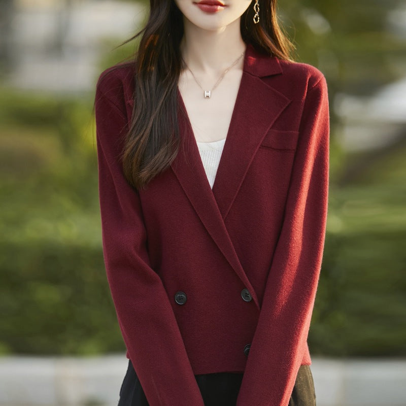 Spring and Autumn Suit Collar Worsted Wool Cardigan Women's Casual Tops Autumn and Winter Cashmere Sweater Top New Style