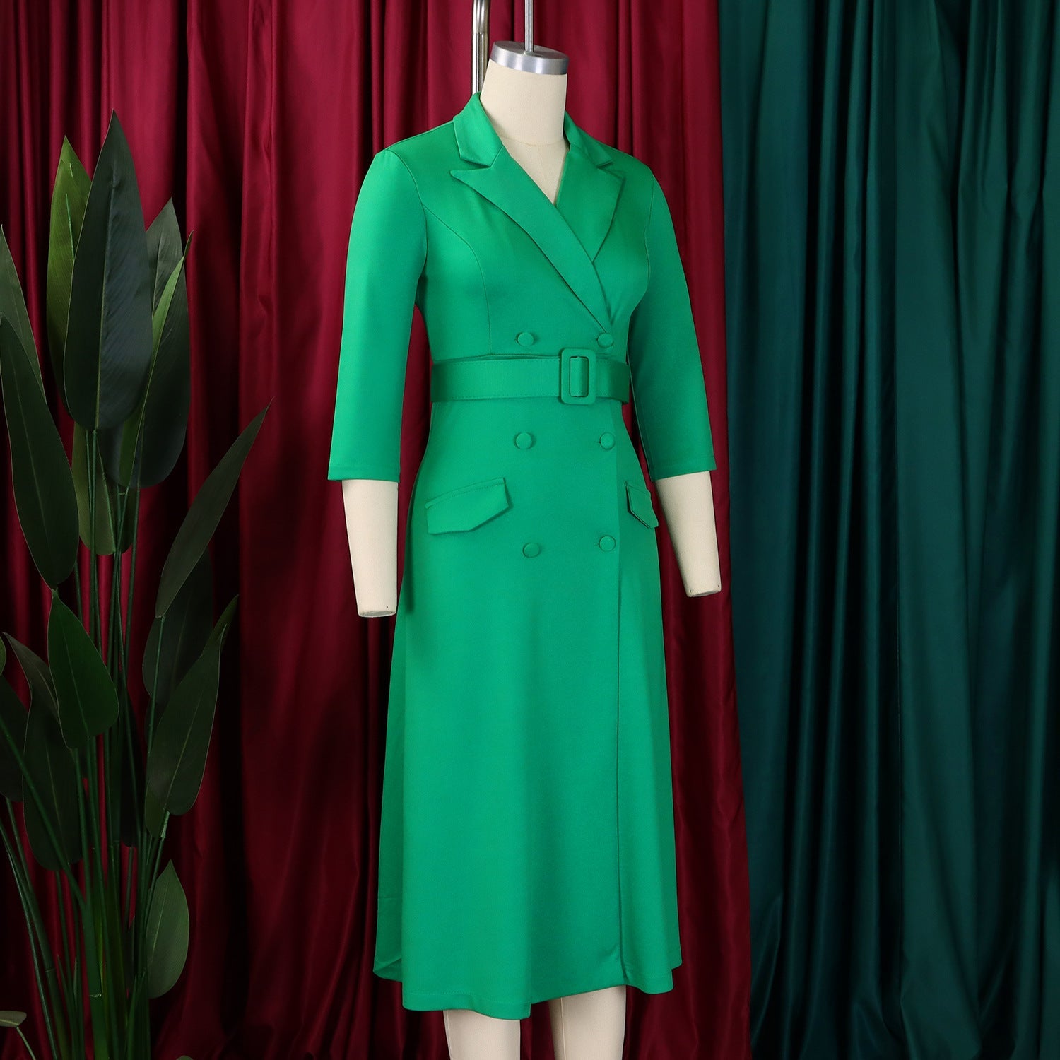 Women Notched Neck Elegant Full Sleeve Midi Dress Work Belt Streetwear Africa Party Club Dresses