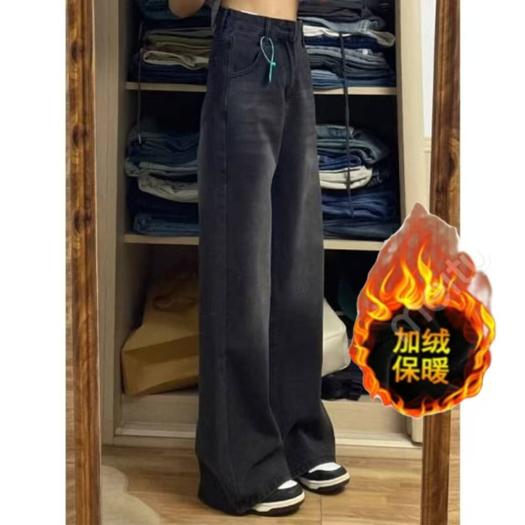 Retro Velvet Jeans for Women in Autumn and Winter New Style High-Waisted Loose Slimming Versatile Black Gray Wide-Leg Straight Pants