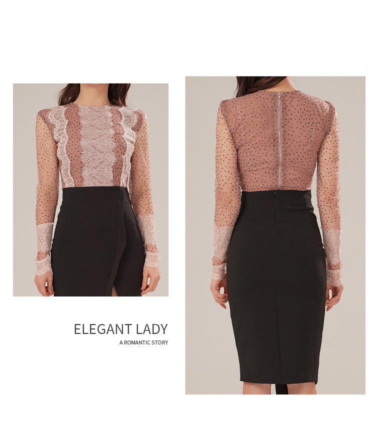 Foreign Trade Women's Clothing 2025 Spring and Summer Round Neck Sexy Polka Dot Mesh Slim Top + High Waist Slim Slit Hip Skirt