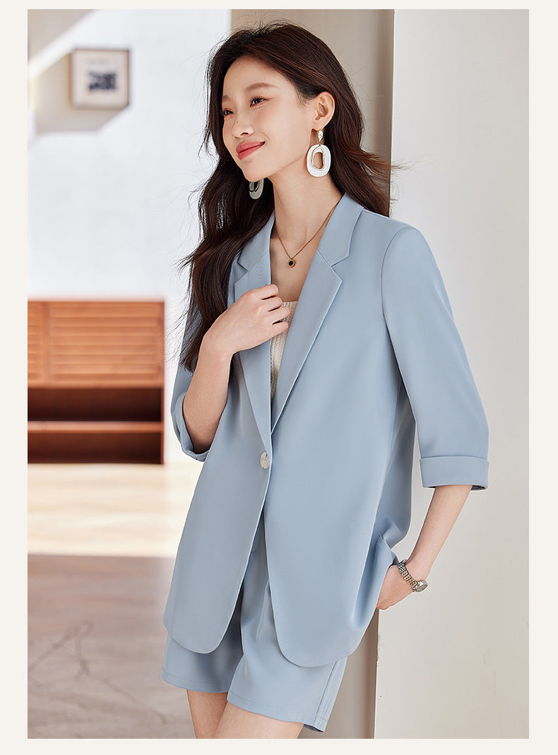 Blue Mid-Sleeve Chiffon Suit Jacket for Women 2025 New Summer Thin Style Fashionable High-End Shorts Suit