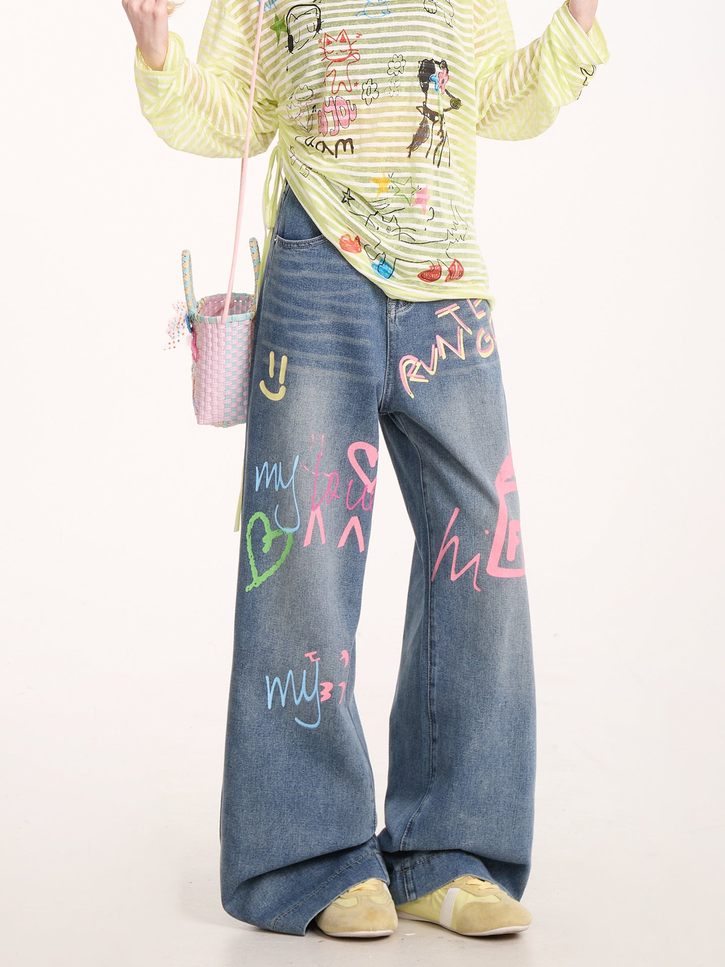 American Graffiti Print Jeans for Women, Trendy Retro Washed Straight Pants, Loose Casual Drape Versatile Casual Pants