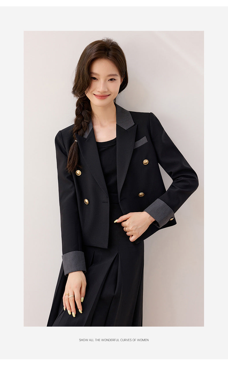 Cross-Border Black Short Blazer for Women, Petite Size, Suitable for College Students, Teacher Qualification Interview, Formal Attire, Elegant Suit with Skirt