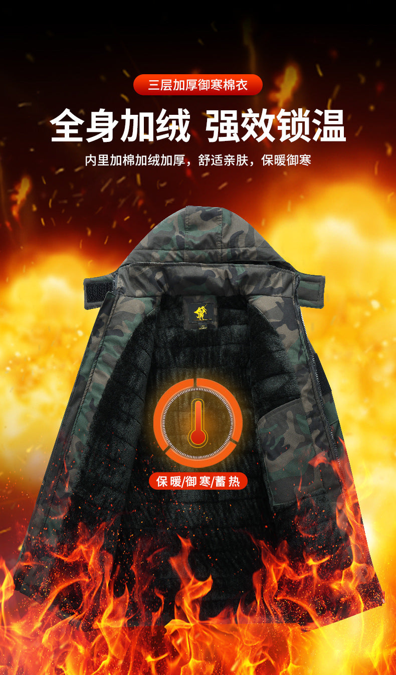 Winter Mid-Length Cotton Work Clothes for Men, Velvet Thickeneded Cotton Jackets, Cold-Proof, Windproof and Warm Camouflage Work Clothes, Military Coats