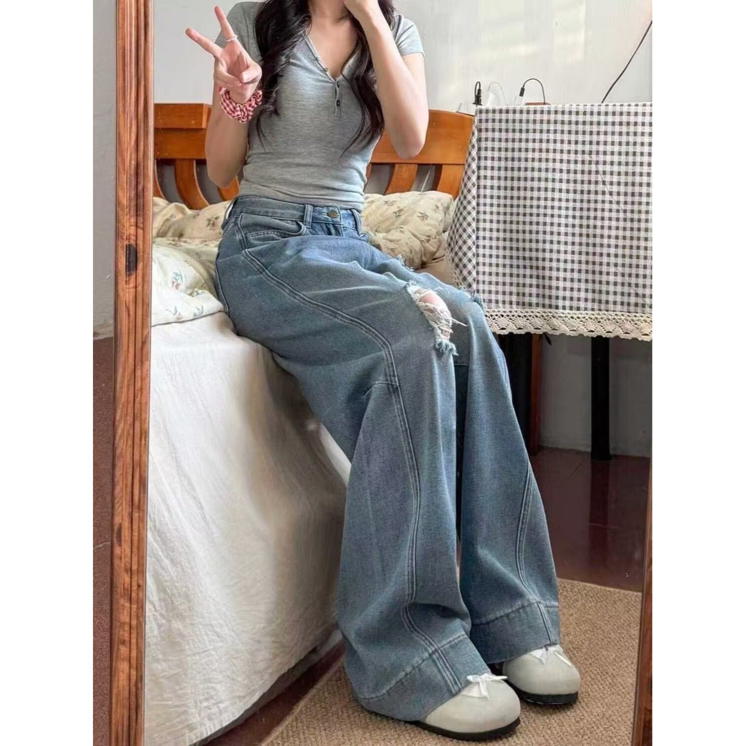 American Style Ripped Jeans for Women, Autumn New Plus-Size High-Waisted Pear-Shaped Figure Slimming Loose Wide-Leg Pants