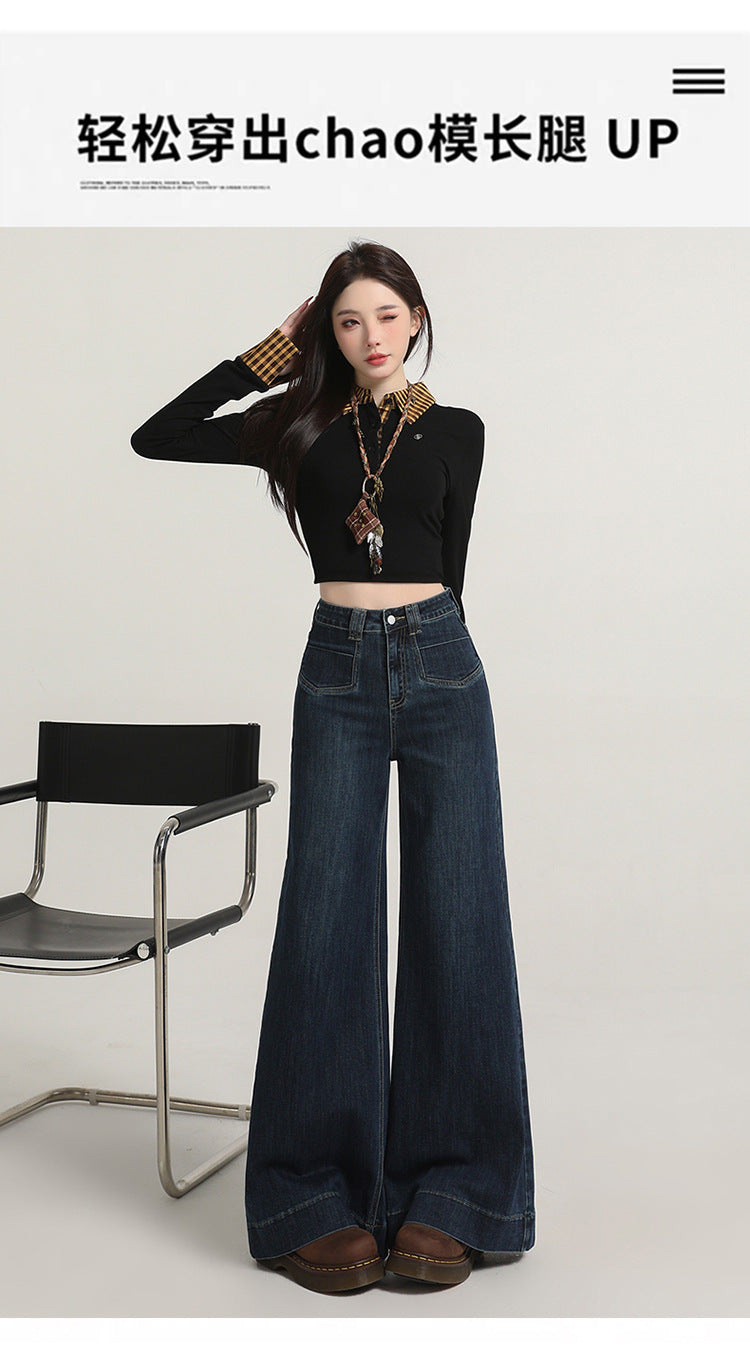 Retro American Style Denim Blue Flared Jeans for Women 2025 Autumn New Slimming Versatile Bootcut Pants