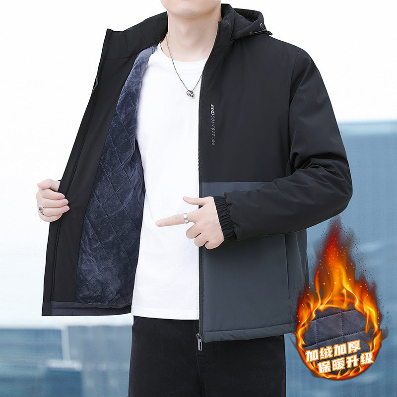 2024 Autumn and Winter New Cross-Border Men's Cotton Jacket Large Size Comfortable Fleece-Lined Warm Coat with Detachable Hood