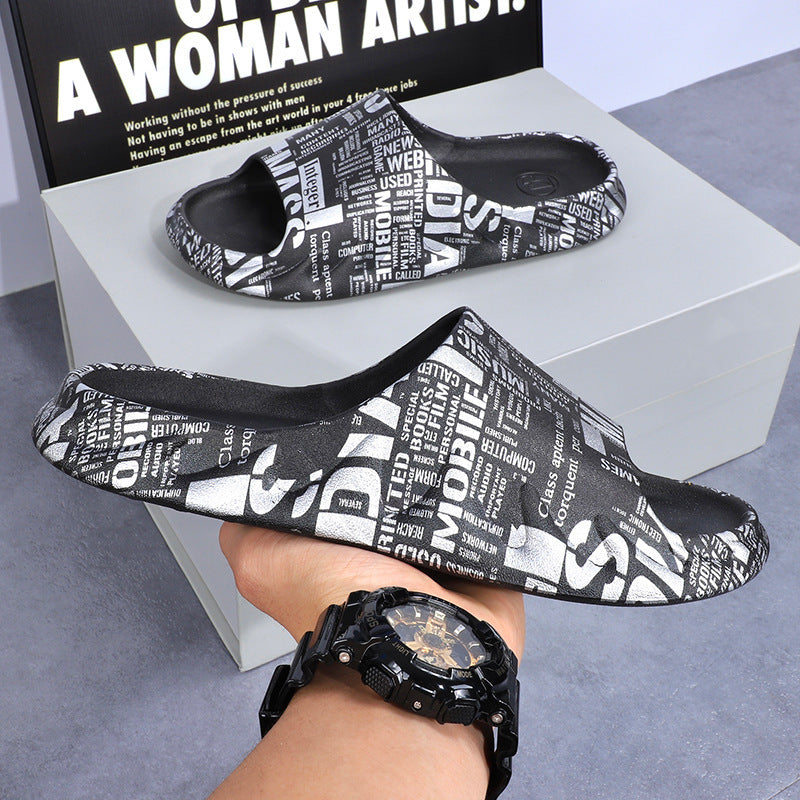 2025 New Style Slippers Men's Sporty Style Summer Odor-proof Non-slip Casual Flame Trendy Couple's Home Slippers