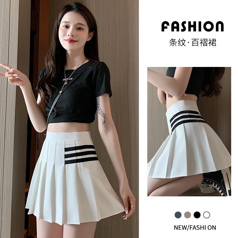 Black Pleated Skirt Summer Women's A- line High Waist New Pleated Skirt Striped Small College Style jk Skirt