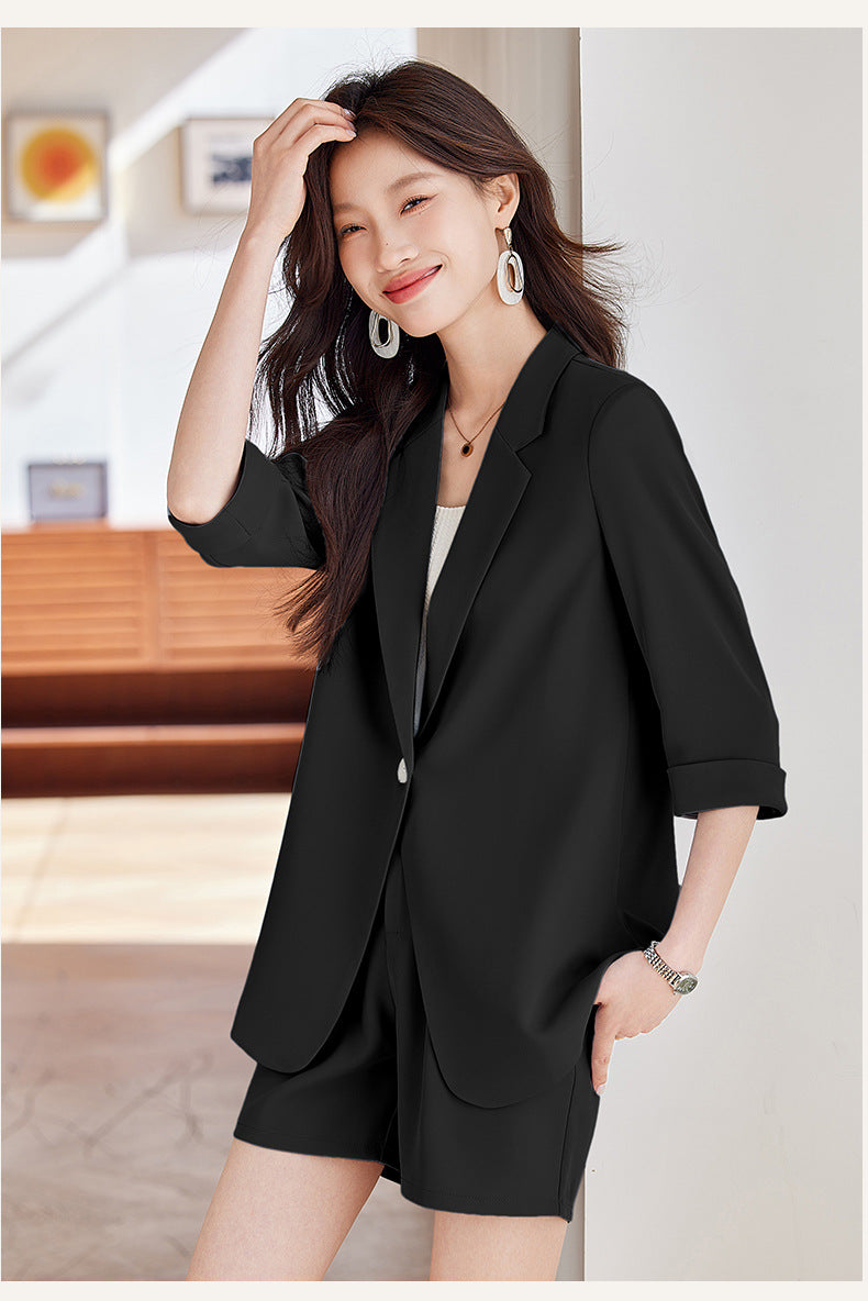 Blue Mid-Sleeve Chiffon Suit Jacket for Women 2025 New Summer Thin Style Fashionable High-End Shorts Suit