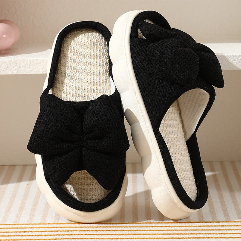 Cross-Border Foreign Trade Bow-Knot Linen Slippers for Women, Summer Home Breathable Non-Slip Comfortable Casual Indoor Thick-Soled Linen Slippers for Women
