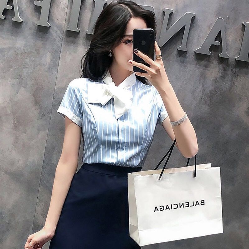 Front Desk Reception Work Wear High-End Business Attire Suit Women's Shirt Flight Attendant Stripesd Bow Business Attire Workwear