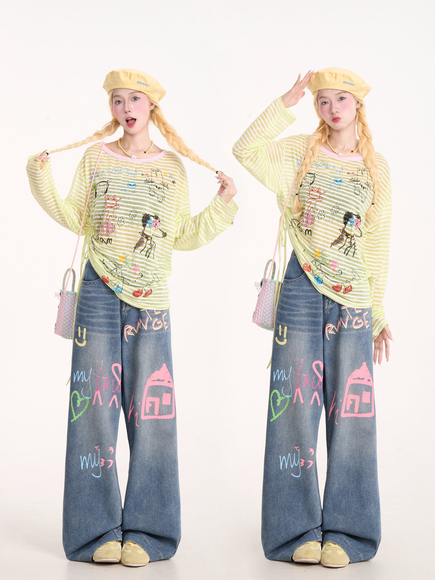 American Graffiti Print Jeans for Women, Trendy Retro Washed Straight Pants, Loose Casual Drape Versatile Casual Pants