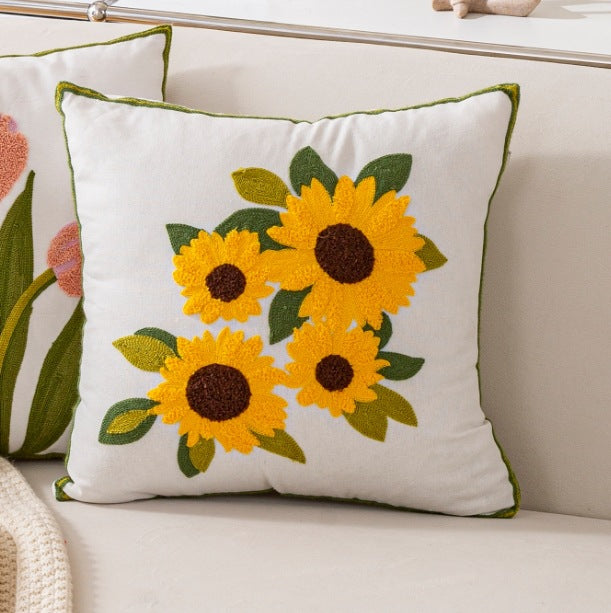 Nordic Towel Embroidered Embroidered Embroidered Pillow Living Room Cream Sofa Cushion Flower Model Room Bay Window Cushion Cover