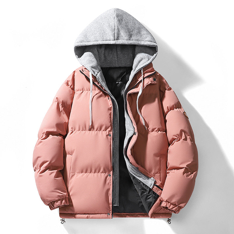 Autumn and Winter New Style Fake Two-Piece Cotton Jacket for Men, High-Quality Puffer Jacket, Couple's Style, Thickened and Warm Hooded Cotton Coat