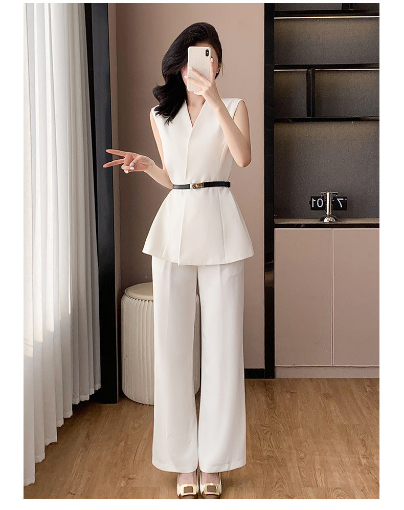 Fashion Casual suit 2025 New High-end Temperament Slimming Waist Sleeveless Jacket Straight Pants Two-piece Set