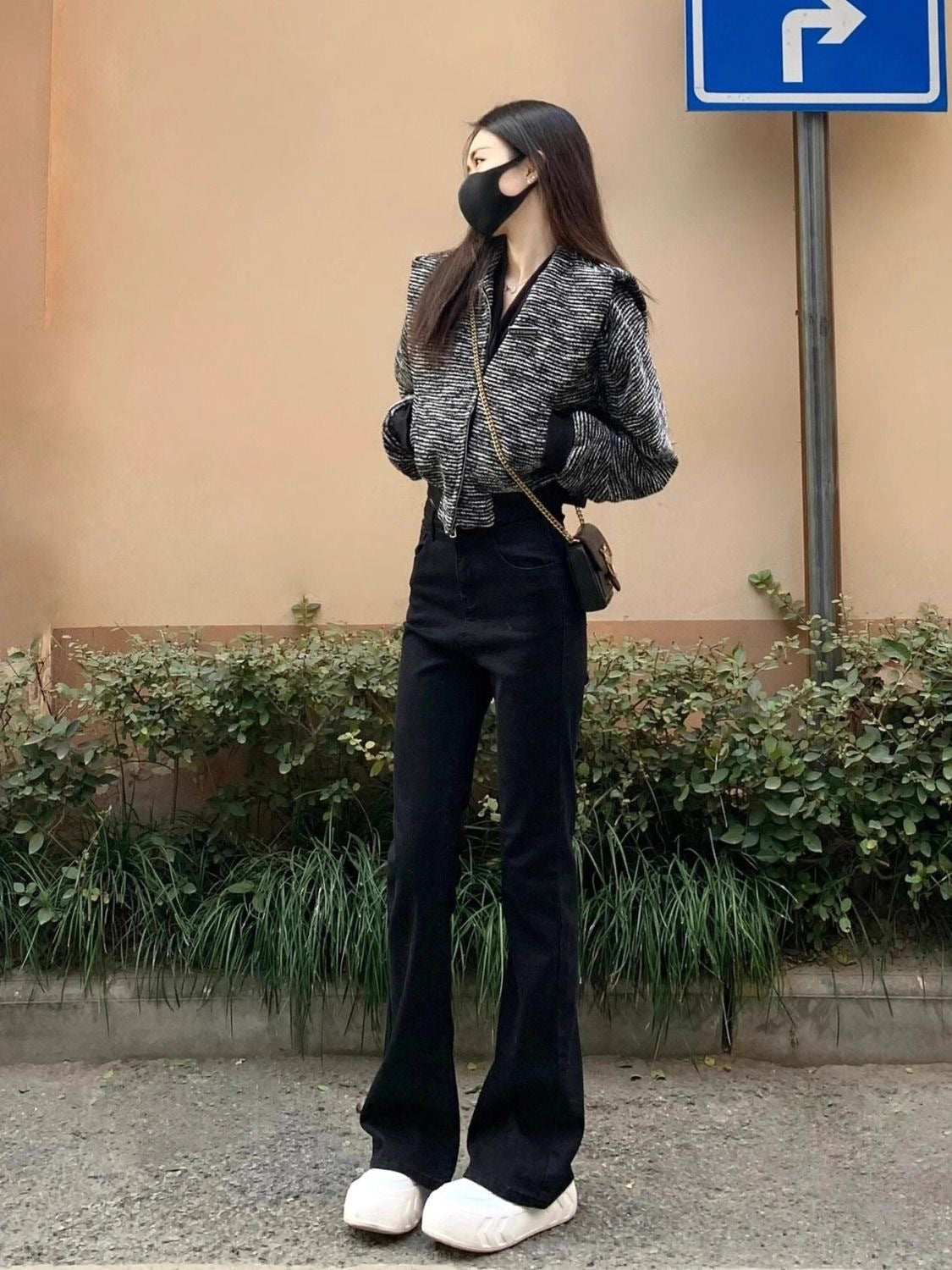 175 Tall Women's Black Bootcut Jeans for Autumn and Winter High-Waisted Elastic Slim Slim Flared Floor-Length Pants