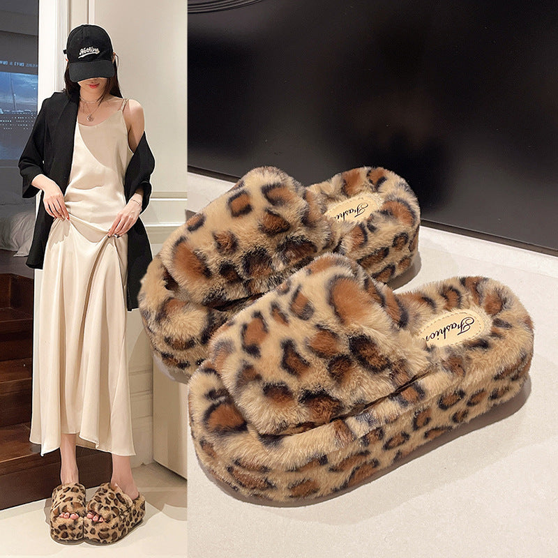 Leopard Print Thick-Soled Furry Slippers for Women's Outer Wear 2025 Autumn and Winter New Internet Celebrity Hot Style Fashion Versatile Non-Slip Cotton Slippers