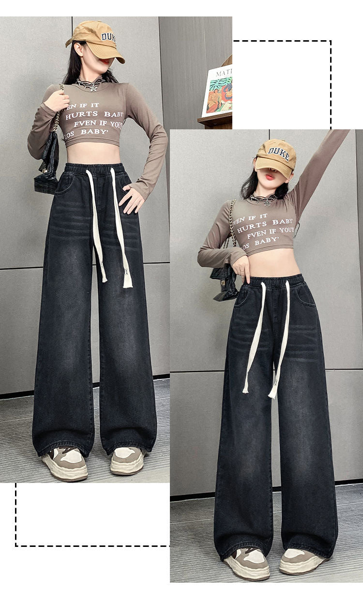 Spring and Summer High-Waisted Wide-Leg Floor-Length Pants for Women, Slim and Versatile Korean Style Student Elastic Waist Drawstring Jeans Large Size