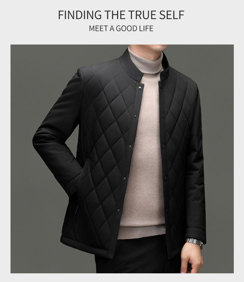 Men's Stand Collar Diamond Pattern Cotton Jacket Autumn and Winter Business Casual Warm Jacket Young and Middle-Aged Fashion Single-Breasted Top
