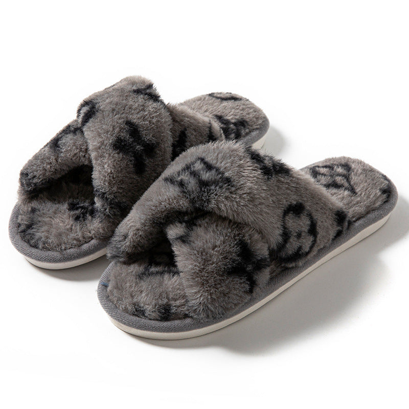 Four-leaf clover cross-opening cross-border foreign trade open-toe women's slippers autumn and winter four seasons open-ended slippers imitation rabbit hair
