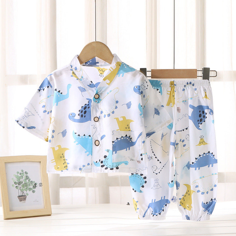 Children's Home Clothes Cotton Silk Suit Summer Boys and Girls Pajamas Artificial Cotton Two-Piece Set Cotton Silk Air-Conditioned Clothes Kidsren's Clothing