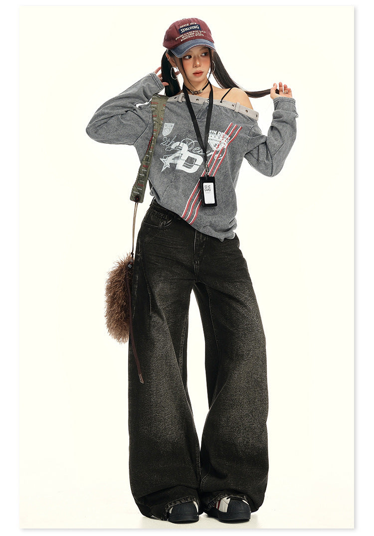 American Retro Wide-Leg Jeans for Women 2025 Early Autumn New Design Distressed Slimming Straight-Leg Floor-Length Pants