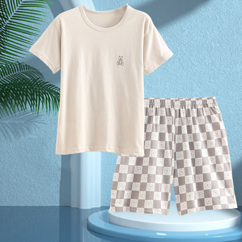 Children's Pajamas, Pure Cotton, Summer Short-Sleeved Shorts Set for Boys, Home Clothes for Girls, Air-Conditioned Clothes for Middle-Aged and Older Boys