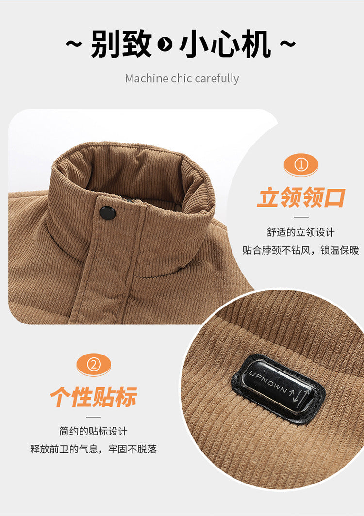 Thickened corduroy cotton-padded jacket for autumn and winter men's warm neck protection stand collar cotton-padded jacket European and American plus size fashionable cotton-padded jacket