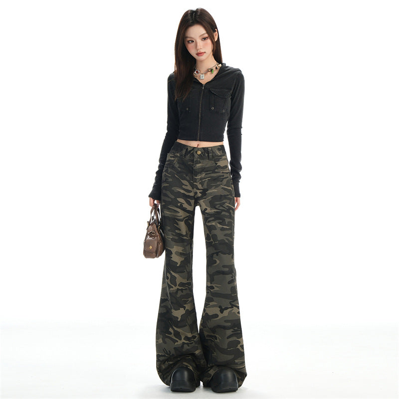 Autumn New Non-Elastic Slightly Spicy Cargo Pants American Retro Camouflage Flap Pocket Design Jeans for Women