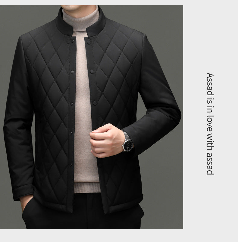 Men's Stand Collar Diamond Pattern Cotton Jacket Autumn and Winter Business Casual Warm Jacket Young and Middle-Aged Fashion Single-Breasted Top