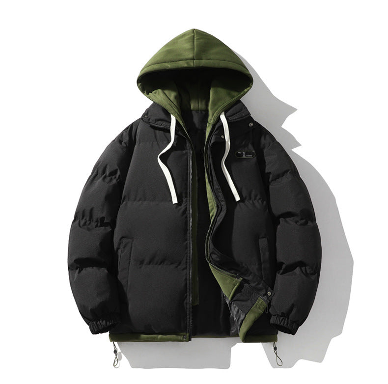 Men's Cotton-Padded Jacket Winter Cold-Proof Cotton Jacket Hooded Fake Two-Piece 2024 New Youth Cotton-Padded Jacket Couple Trendy Brand