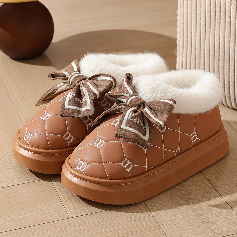 High-value Bow Waterproof Cotton Shoes Women's Bag Heel Winter Indoor Home fleece-lined Non-slip Cotton Slippers for Outer Wearing to Keep Warm