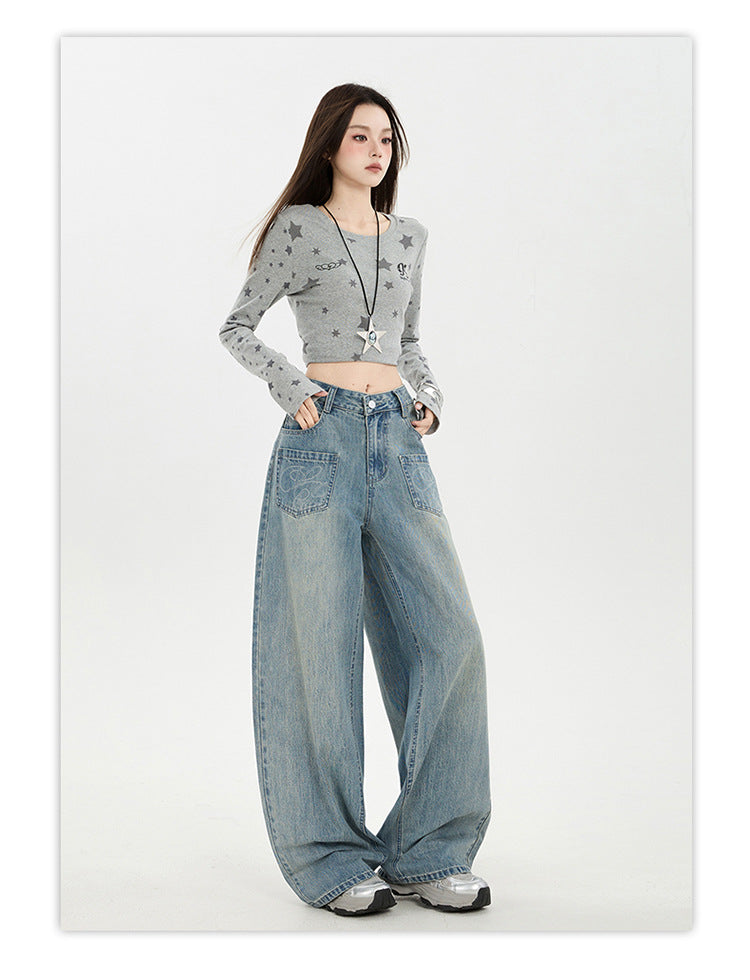 Raccoon House # American Retro Design Embroidered Jeans for Women 2025 Autumn New High-Waisted Loose Wide-Leg Pants Trendy