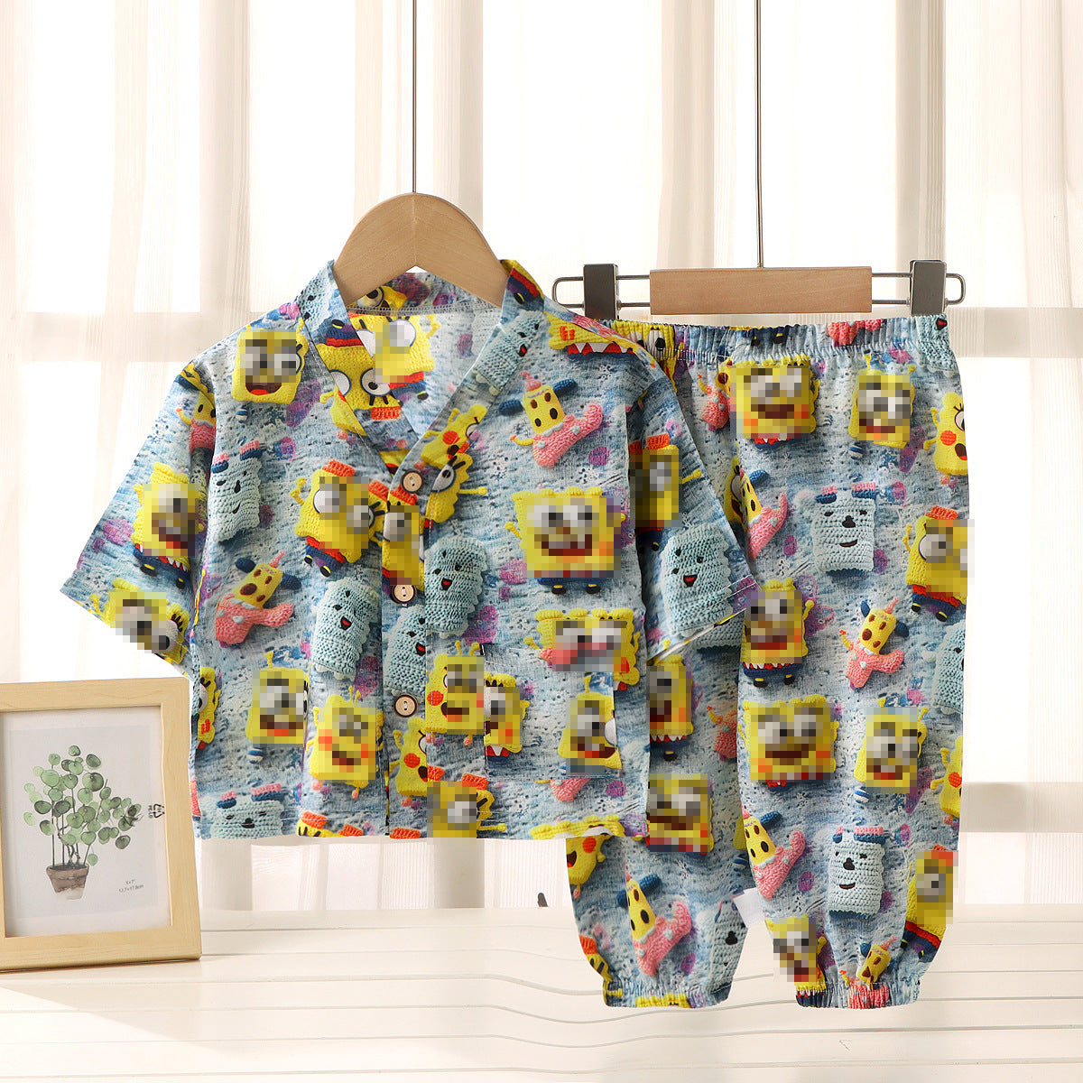 Children's Home Clothes Cotton Silk Suit Summer Boys and Girls Pajamas Artificial Cotton Two-Piece Set Cotton Silk Air-Conditioned Clothes Kidsren's Clothing