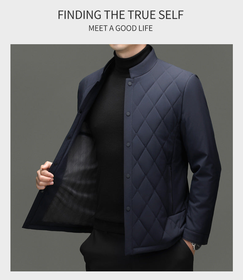 Men's Stand Collar Diamond Pattern Cotton Jacket Autumn and Winter Business Casual Warm Jacket Young and Middle-Aged Fashion Single-Breasted Top
