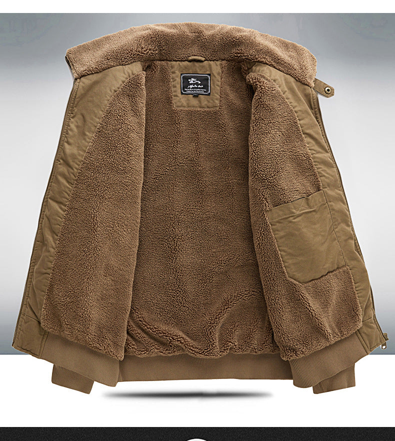 2024 Autumn/Winter New Cross-Border Men's Fleece-Lined Cotton Jacket with Stand Collar, Neck Protection, Cold-Proof, Washable Cotton Coat, Pure Cotton Outerwear