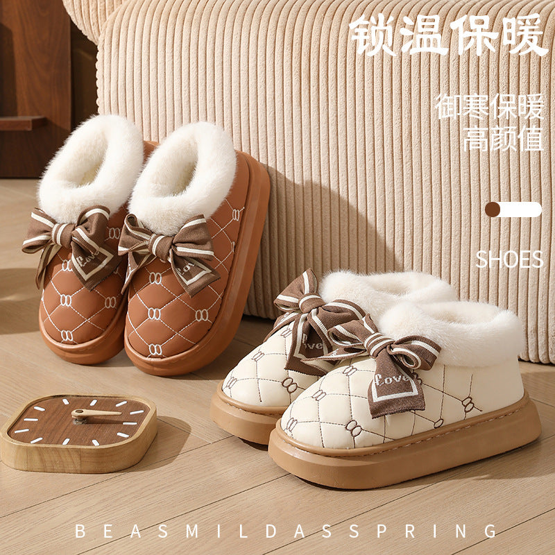 High-value Bow Waterproof Cotton Shoes Women's Bag Heel Winter Indoor Home fleece-lined Non-slip Cotton Slippers for Outer Wearing to Keep Warm