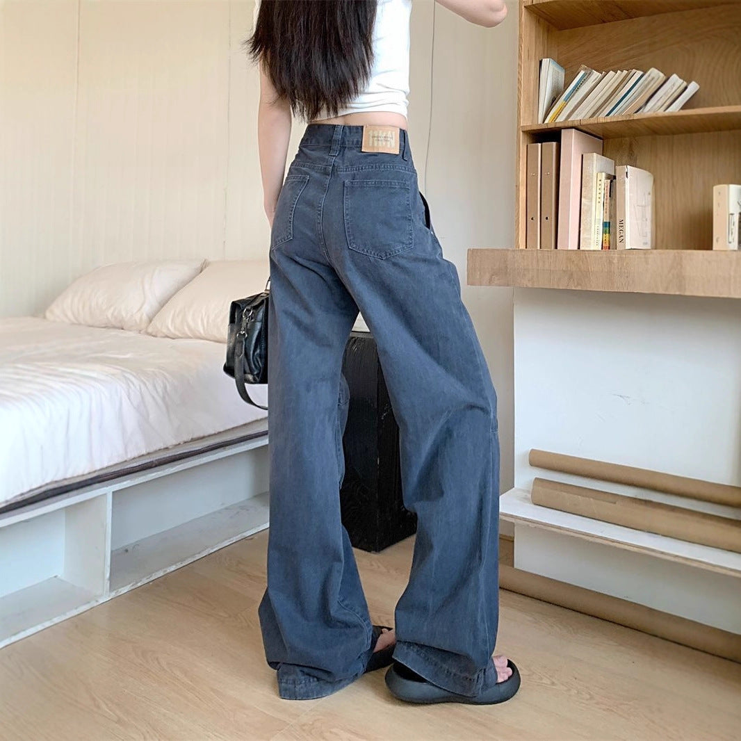 American Retro Design Workwear Jeans for Women New High Street Personalized Pleated Loose Straight Casual Pants