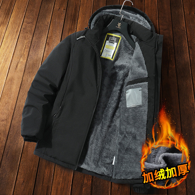 Winter Windproof Jacket Men's Hooded Cotton Work Jacket Cotton Coat Fleece-Lined Thickeneded Warm Autumn and Winter Men's Jacket