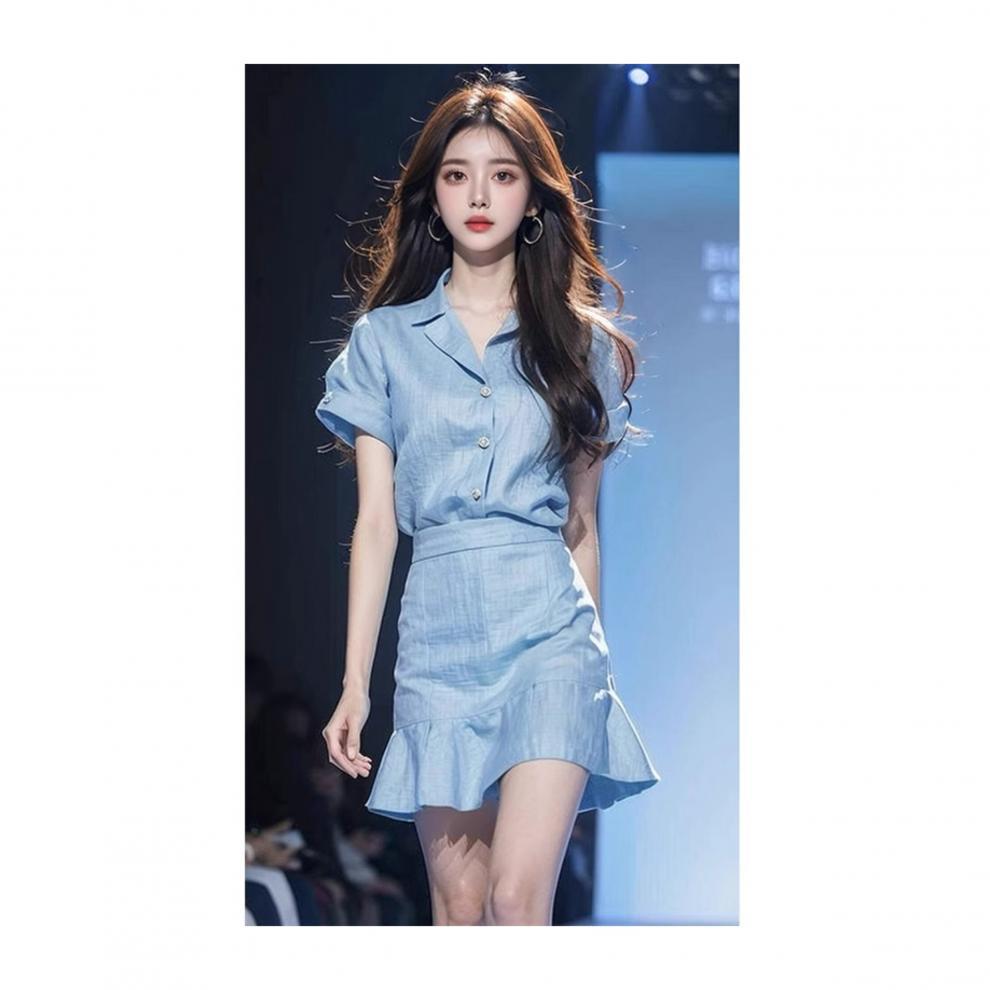 Foreign trade women's clothing age-reducing foreign-style fashion this year popular beautiful small fragrant style professional blue top skirt two pieces